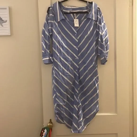NWT Maje blue and white stripe cold shoulder shirt dress midi